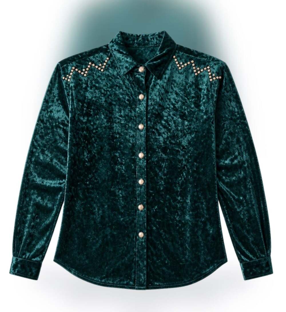 Circle T Shirt Size Large Green Crushed Velvet Studded Button Down